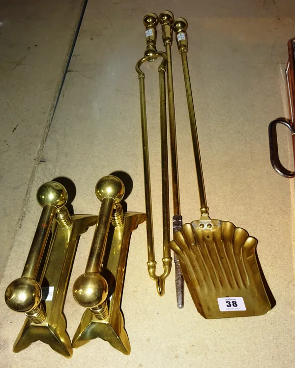 A group of three 19th century brass fire tools and brass fire dogs, (5).  S4