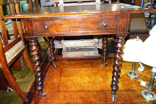 A Queen Anne style walnut side table, with dummy drawer and leather inset top, on barleytwist supports, 93cm wide x 75cm high.  H2