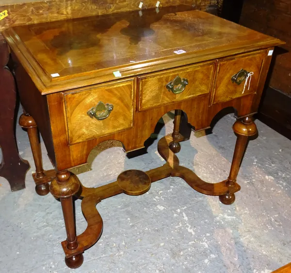 A Queen Anne style walnut crossbanded lowboy, with three drawers, 80cm wide x 74cm high.  K3
