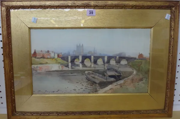 Charles Eyres Simmons (1872-1955), The River Wye at Hereford, watercolour, signed, 24cm x 43cm. DDS K1