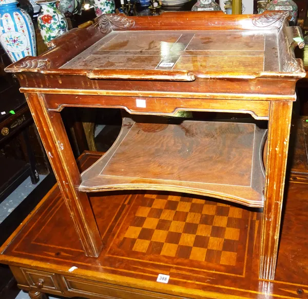 A mid-18th century style mahogany two tier occasional table, on square block supports, 60cm wide x 61cm high.  K2