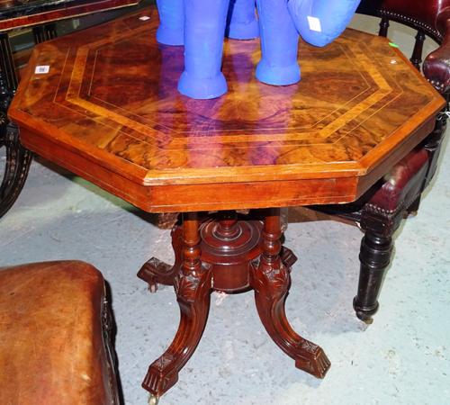 A late 19th century mahogany and figured walnut octagonal centre table, with central column, on four outswept supports, 73cm x 69cm high.  D2