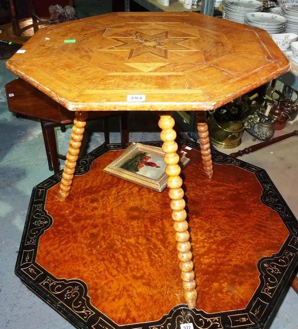 A 19th century specimen marquetry inlaid octagonal occasional table, on bobbin turned supports, 61cm wide x 60cm high.  F2