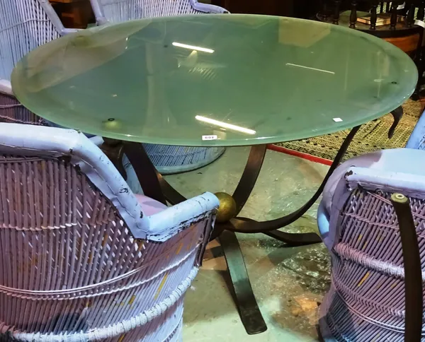 A 20th century circular frosted centre table on a wrought iron and parcel gilt cradle support, 120cm wide x 80cm high.  I8