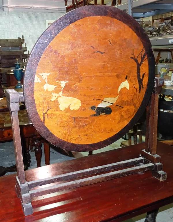 A 19th century mahogany folding tray table, painted with farming scenes, 79cm wide x 43cm high.  F4