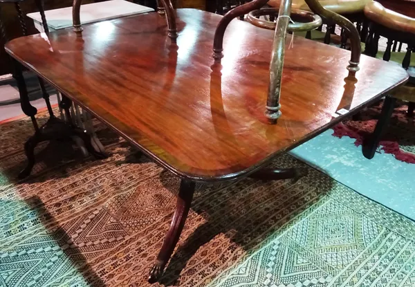 A Regency style mahogany rectangular snap top breakfast table, 138cm wide x 76cm high.  I7