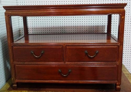 A 20th century Chinese hardwood side table with two short and one long drawer, 92cm wide x 71cm high.  B9