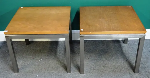 'EL TALLER. MADE IN SPAIN'; a pair of 20th century square coffee tables, each with light oak tops on polished steel bases, 61cm wide x 50cm high, (2).