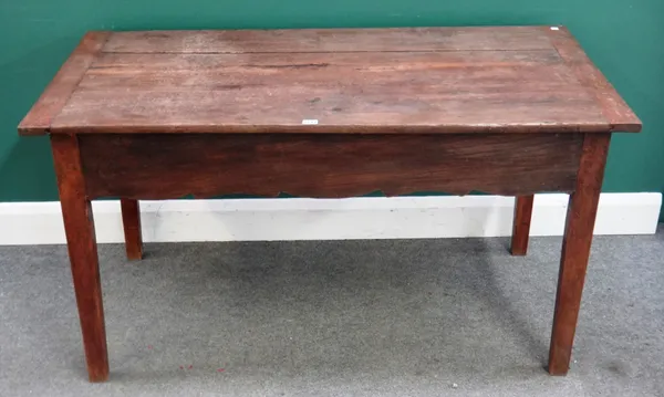 A 19th century French oak dough table, the plank top revealing a dough bin undertier, on tapering square supports, 133cm long x 65cm wide x 73cm high.