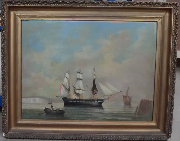 T. Lawrence (20th century), Vessels off the coast, oil on board, signed, 46cm x 61cm.  J1