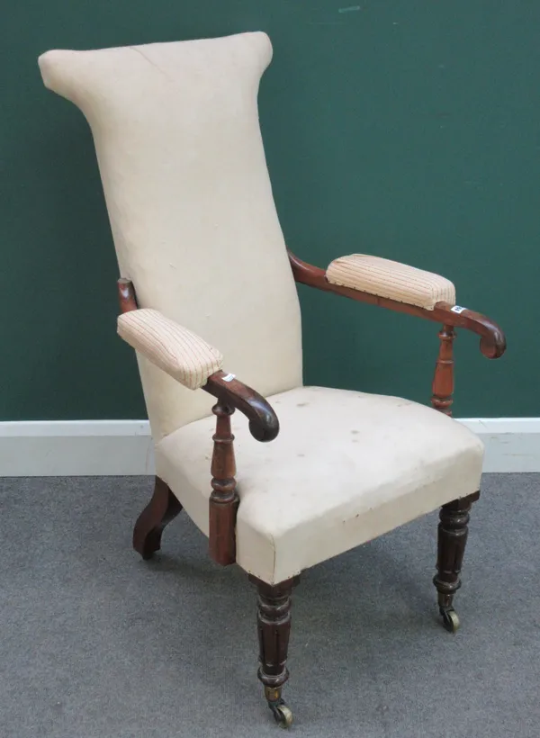 A William IV rosewood framed open armchair, on lappet carved supports, 56cm wide x 106cm high.  D4