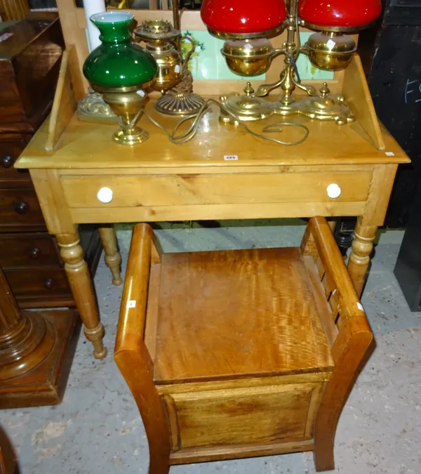 A 20th century pine washstand with single drawer on tapering supports, 90cm wide x 96cm high, and a 20th century fruit wood piano stool, (2).  I6