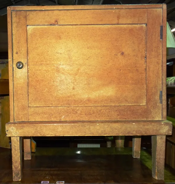 An early 20th century pine bedside cupboard and a 20th century oak stool, 63cm wide x 71cm high.  J7
