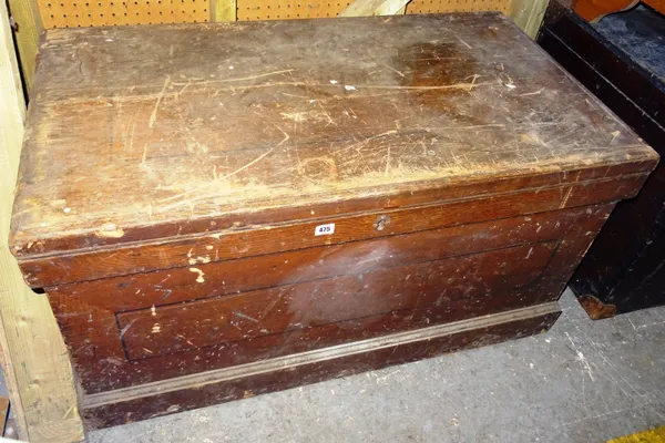 A 19th century grained pine tool chest, an early 20th century metal bound pine tool chest and a quantity of tools, 108cm wide x 58cm high.  Dis