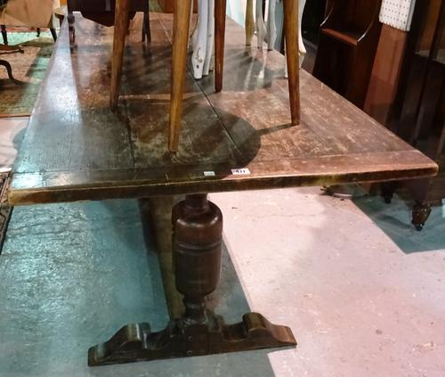 An 18th century style oak plank top refectory table, 182cm wide x 74cm high.  G6