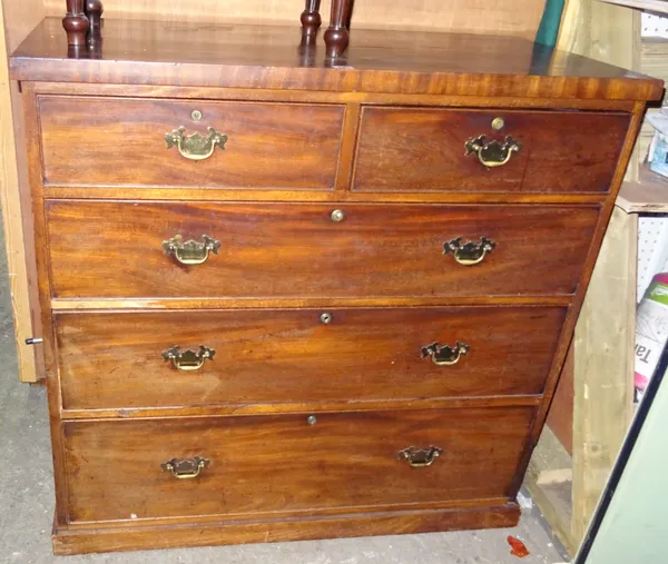 A 19th century and later mahogany chest of drawers with two short and three long drawers, 104cm wide x 100cm high.  Dis