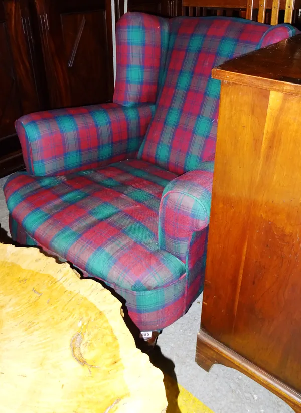 A 19th century mahogany framed tartan upholstered armchair.  D15