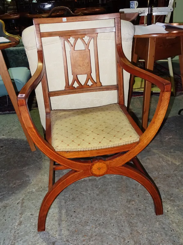 An Edwardian Neo-Classical mahogany and marquetry framed armchair.  M5