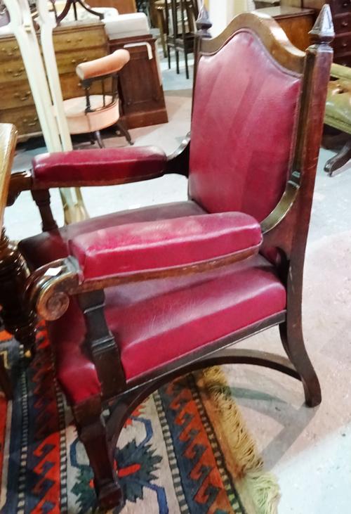 A pair of Victorian mahogany framed open armchairs, united by 'X' frame stretcher, (2).  D6