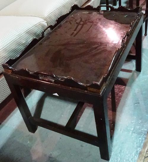 A George III style mahogany brass bound tray on stand, on square block supports, 75cm wide x 49cm high, together with a George III style mahogany occa