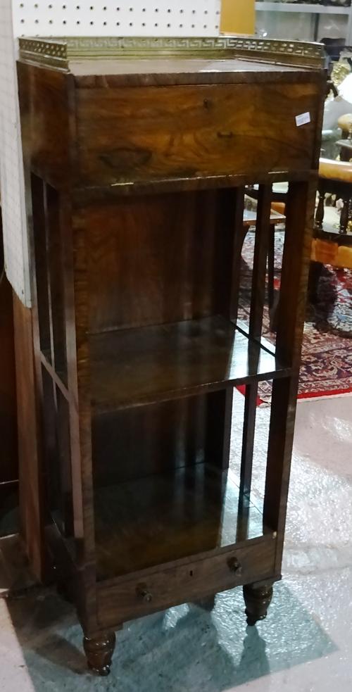 A Victorian rosewood three tier what-not, with brass gallery top and single drawer to the top section, 45cm wide x 120cm high.  G6