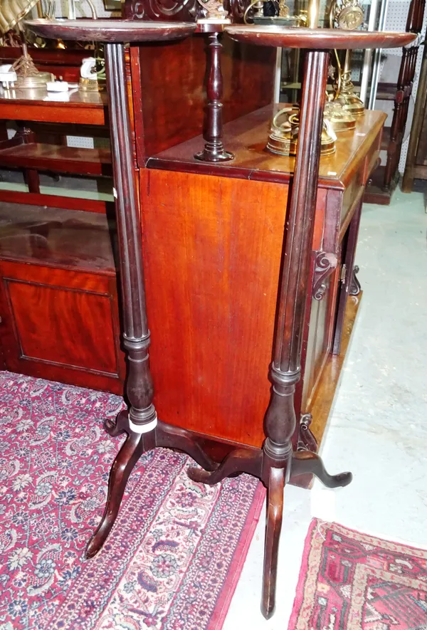 A pair of Georgian style mahogany torchère stand with fluted column on tripod base, 29cm wide x 111cm high.  G8
