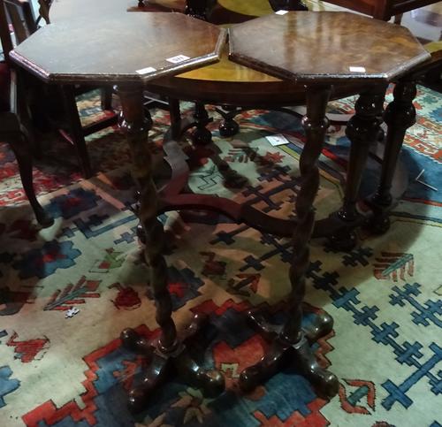 A pair of William and Mary style oak jardiniere stands with octagonal top on a barley twist central column, 34cm wide x 90cm high.  E7