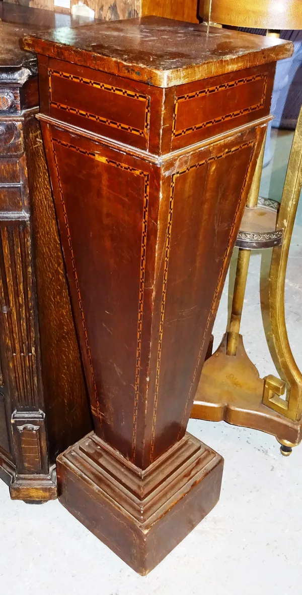 A pair of Edwardian inlaid mahogany torchère stands with tapering square central column, 27cm wide x 99cm high.  J8