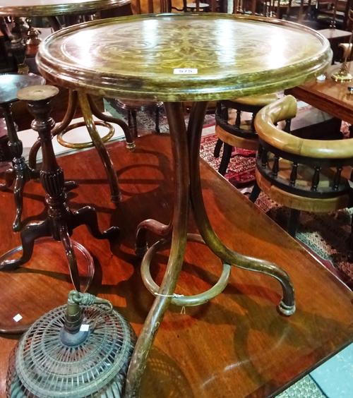 A pair of early 20th century bentwood occasional tables with painted decoration on three downswept supports, 51cm wide x 81cm high.  I7