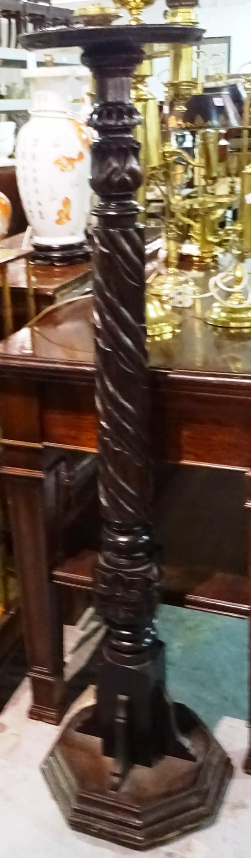 A pair of Victorian style mahogany jardiniere stands, on spiral turned central column on an octagonal plinth base, 30cm wide x 150cm high. G5