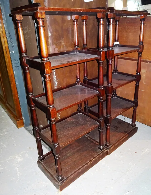 A pair of George III style mahogany five tier what-nots on plinth base, 59cm wide x 143cm high.  H9