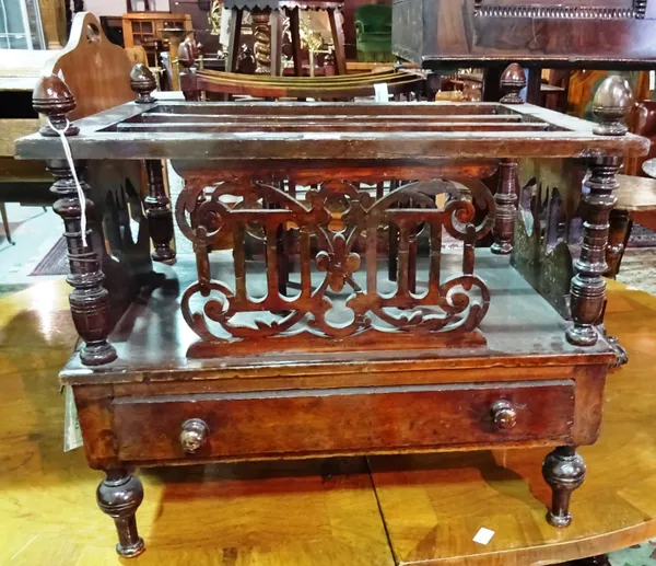 A 19th century mahogany three division Canterbury with fret cut sides and turned supports, 56cm wide x 51cm high and a walnut three division Canterbur