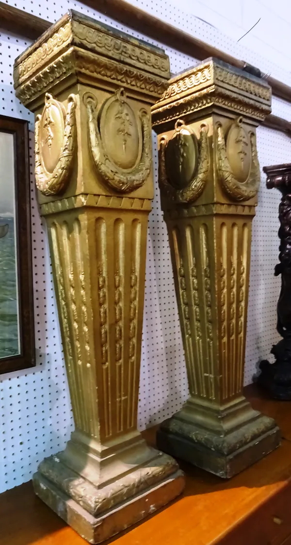 A pair of 20th century gold painted Empire style jardiniere stands with faux marble top on square tapering central column on plinth base, 32cm wide x