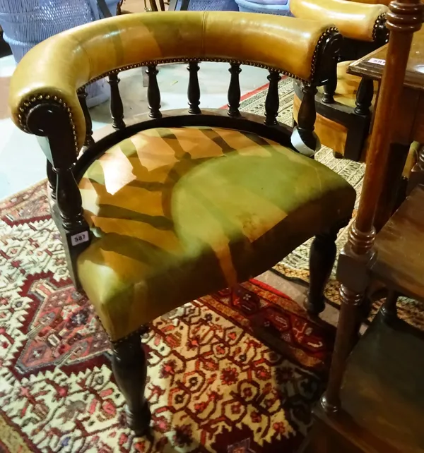 A set of six Victorian tub back armchairs with tan leather upholstery on turned supports, (6). H5