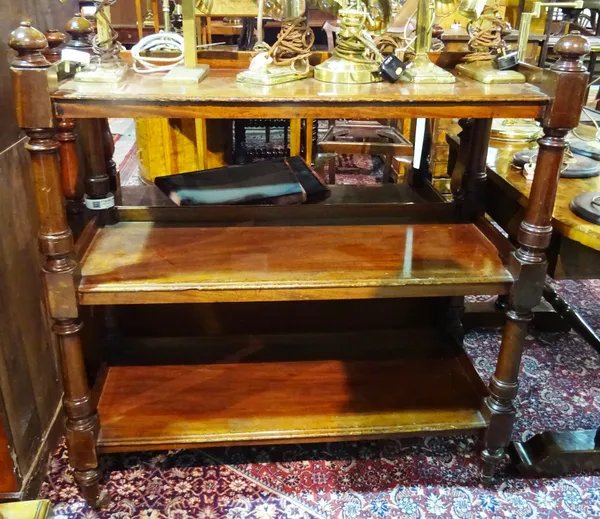 A Victorian mahogany three tier buffet with turned supports, 107cm wide x 113cm high.  G8