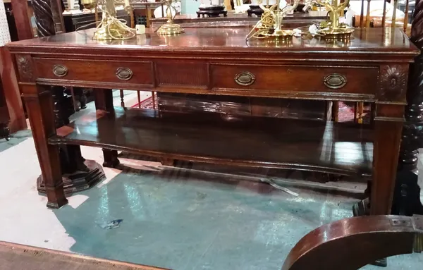 A large 19th century mahogany two tier serving table with pair of frieze drawers over shaped undertier on square tapering supports, 183cm wide x 93cm