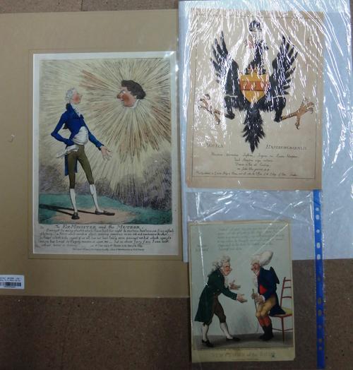 After Charles Williams, The Ex Minister and the Meteor; After G. Woodward, Symptoms of the Shop; Aquila Habsburghiensis, three engravings with hand co