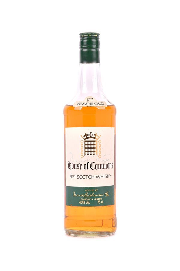 One bottle of 12 year old House of Commons whiskey, signed by Baroness Thatcher, cased.  Illustrated