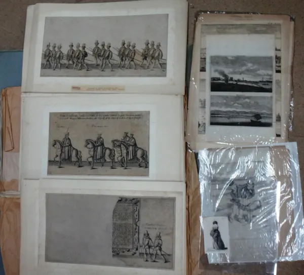 A quantity of assorted prints and engravings, including Old Master, landscape and figurative subjects, and engravings of the funeral of Sir Philip Sid