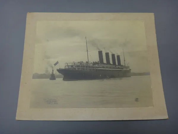 RMS. LUSITANIA - mounted photograph of the vessel. 19 x 25cms., pencilled on lower part of image 'RMS. "Lusitania". / maiden Voyage. /Sept 7 1907'; sh