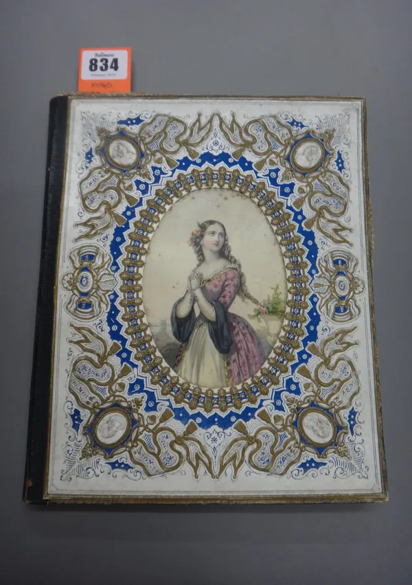 ALBUM - mid 19th century; examples of Valentines & other Greetings Cards; 22 examples on silk & lace embossed paper, some with gilt & silver decoratio