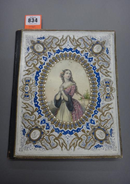 ALBUM - mid 19th century; examples of Valentines & other Greetings Cards; 22 examples on silk & lace embossed paper, some with gilt & silver decoratio