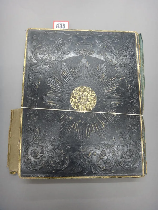 ALBUM - mid / later 19th century, approx. 75pp., embossed gilt-morocco (distressed), pink silk e/ps., g.e., 4to.; includes coloured prints, woodbury-