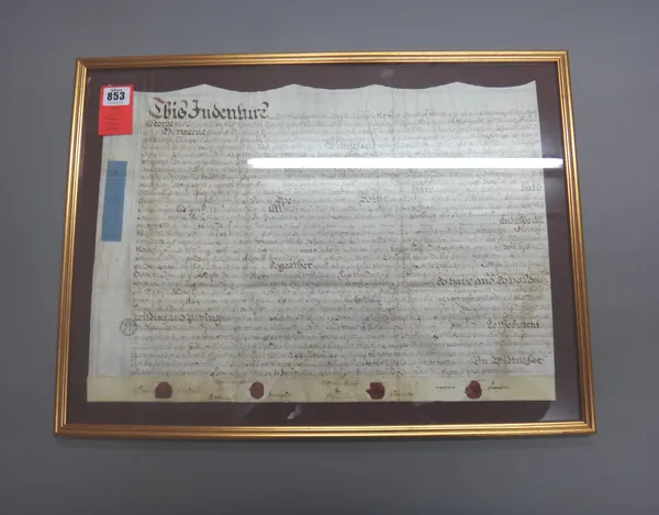 LEGAL DOCUMENTS - James I (ca. 1622); Concord between Robert & Walter Chamber; land at Nether Stakeley (? Cumberland) at Westminster Court, framed & g