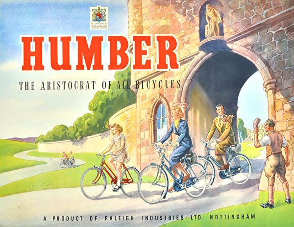 CYCLING - Poster for 'Humber: the Aristocrat of all Bicycles / a Product of Raleigh Industries Ltd. Nottingham'; 44 x 57cms., loose, colour printed by