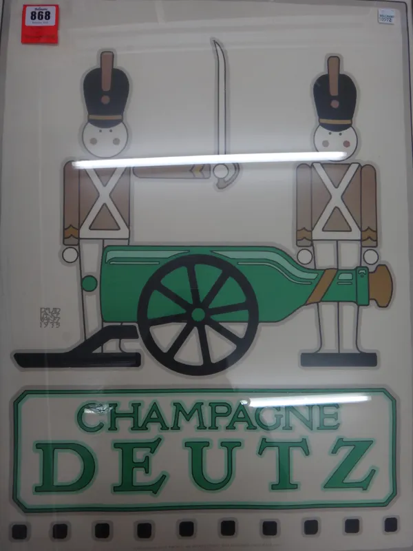 CHAMPAGNE DEUTZ - coloured poster by David Lance Goinez; 60 x 45cms. glazed within light wood frame; a striking image with bold lettering in an art-de