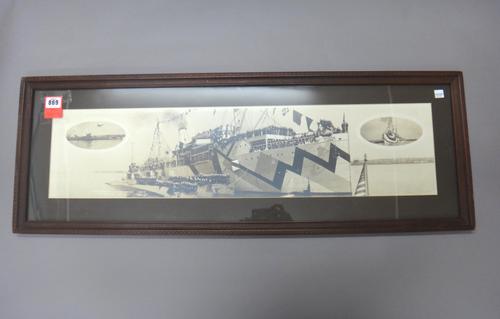 U.S.S. Beaver - framed photograph, 18 x 77cms., within mount & dark wood frame, titled 'U.S.S. Beaver and Submarines / San Diego, Cal. Feb 22, 1919; s