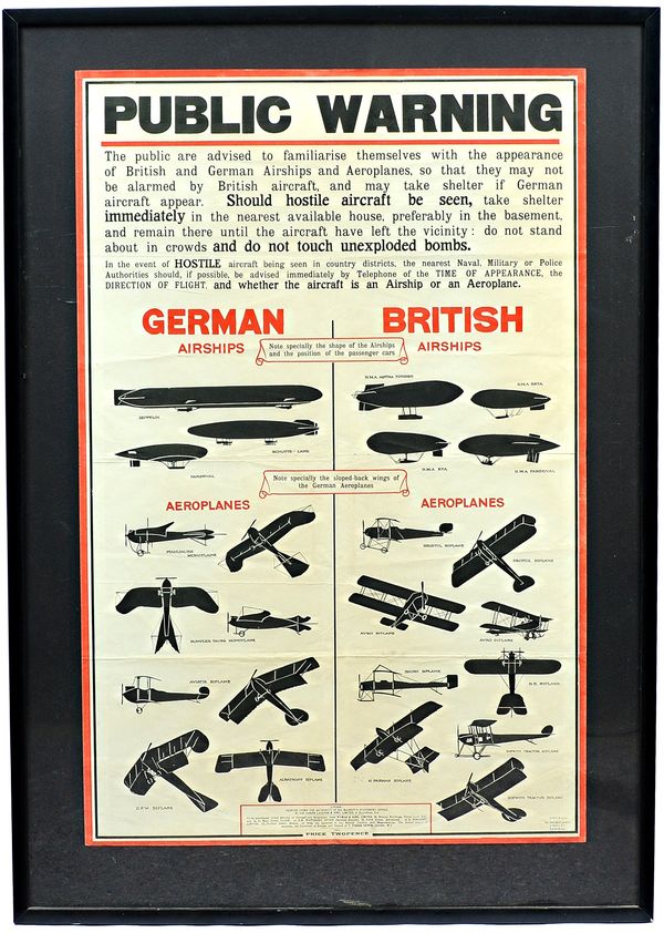 WORLD WAR 1 - Aerial Warfare; Public Warning poster for identification of British / German aircraft; 87 x 56cms., within mount & black modern frame;
