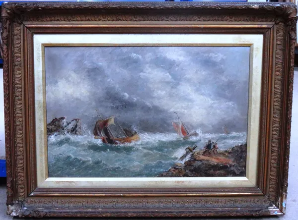 R. Taylor (19th century), Vessels in a squall off the coast, oil on canvas, signed, 39cm x 60cm.  G1