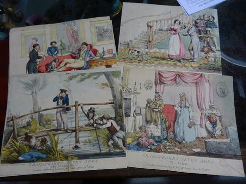 After Henry Aiken, a group of seven satirical prints, 'Shakespeare seven ages....1824', trimmed and unframed, 21.5 x 24.5cm, (7). CAB
